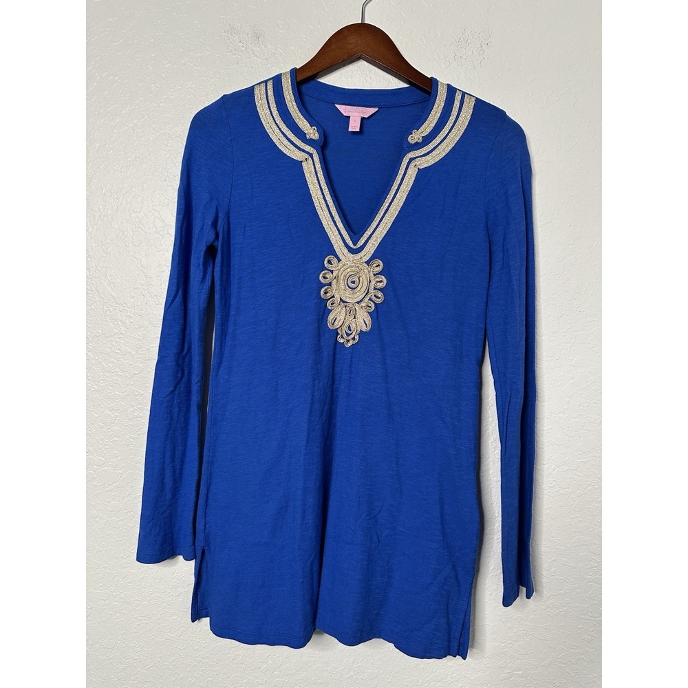 Lilly Pulitzer Emerson Tunic Top Metallic Gold Royal Blue Coastal Beach - Picture 2 of 7